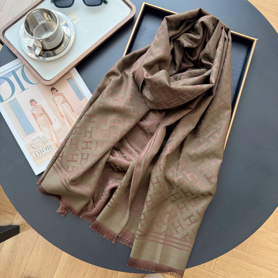 five-color H letter print long silk scarf