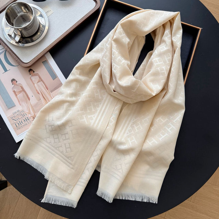 five-color H letter print long silk scarf