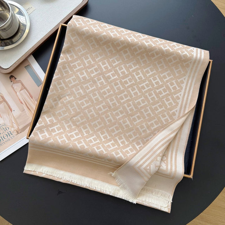 five-color H letter print long silk scarf