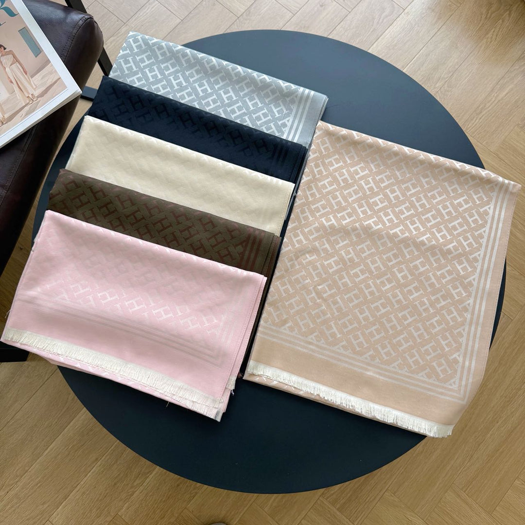 five-color H letter print long silk scarf