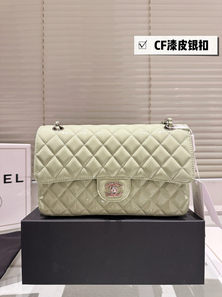 Two-tone light green quilted patent leather tote bag