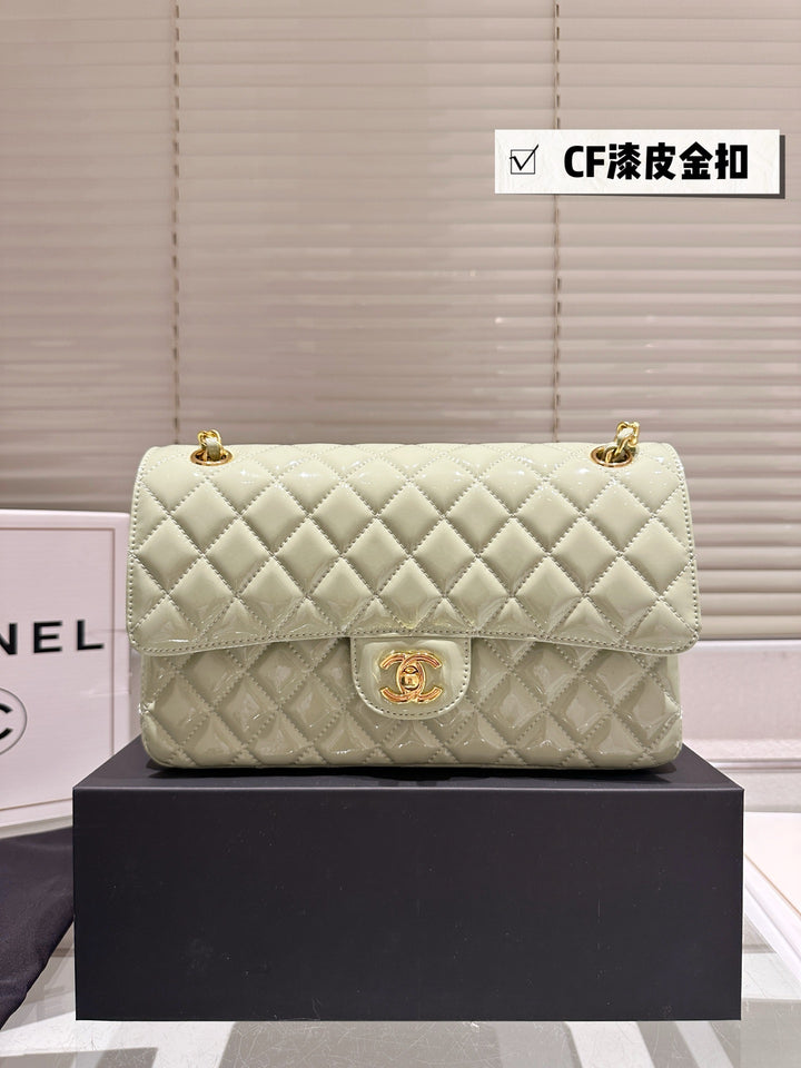 Two-tone light green quilted patent leather tote bag