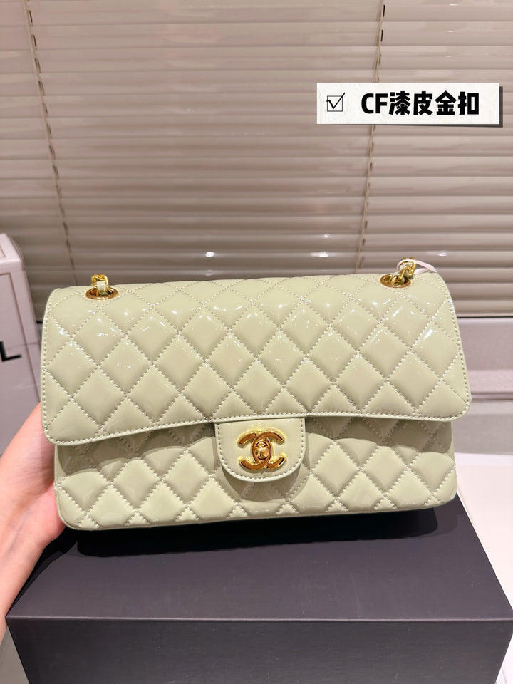 Two-tone light green quilted patent leather tote bag