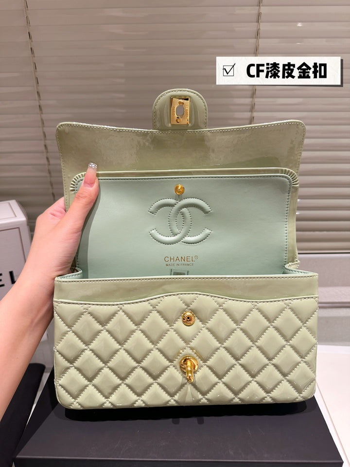 Two-tone light green quilted patent leather tote bag
