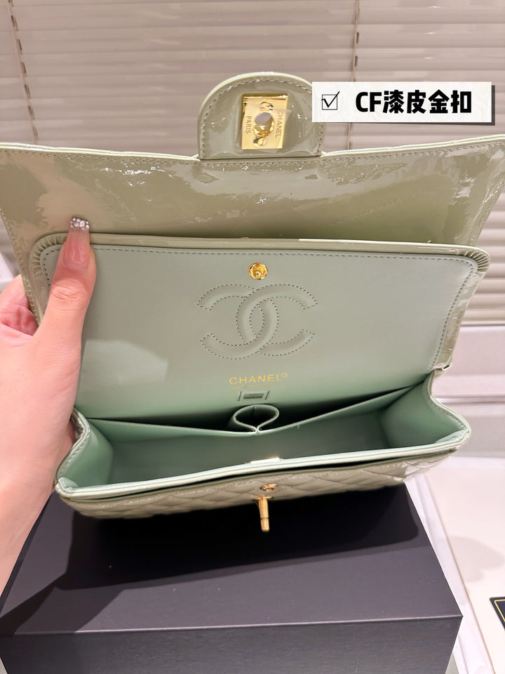 Two-tone light green quilted patent leather tote bag