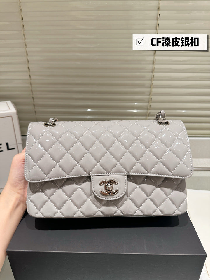 Quilted Patent Leather Tote Bag in Light Gray