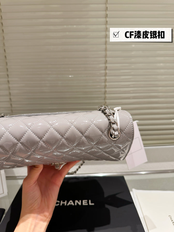 Quilted Patent Leather Tote Bag in Light Gray