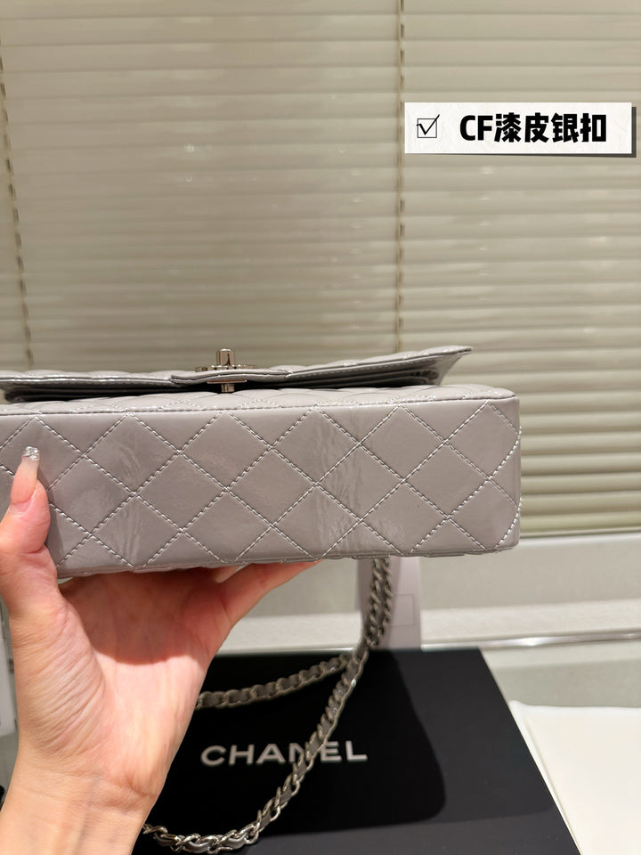 Quilted Patent Leather Tote Bag in Light Gray