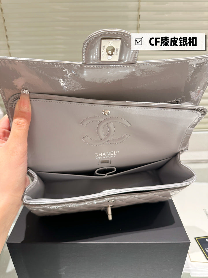 Quilted Patent Leather Tote Bag in Light Gray