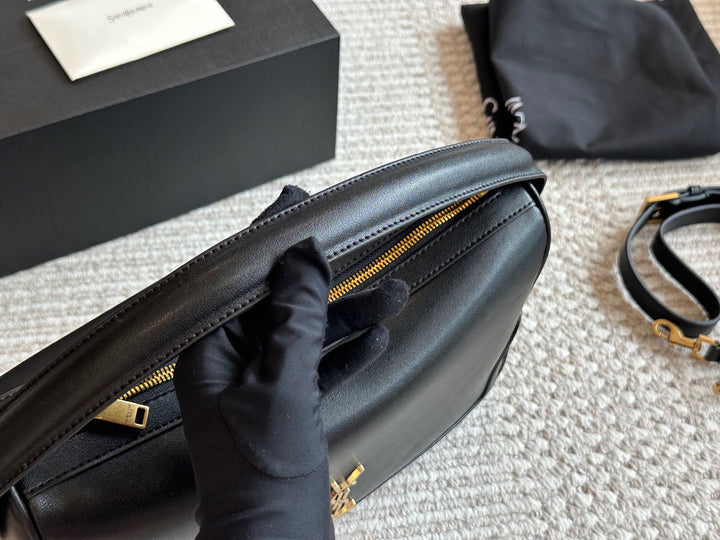 Elegant black leather logo handbag