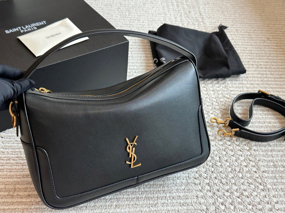 Elegant black leather logo handbag