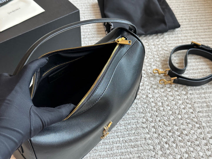 Elegant black leather logo handbag