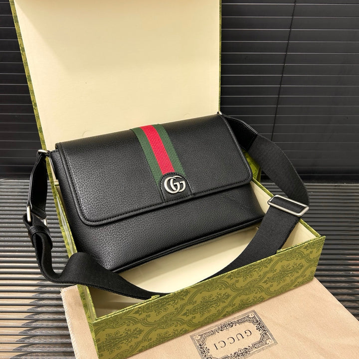 Unique Black Leather Striped Messenger Bag