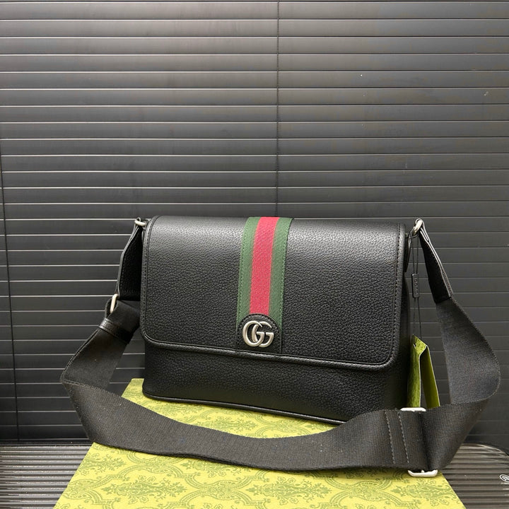 Unique Black Leather Striped Messenger Bag