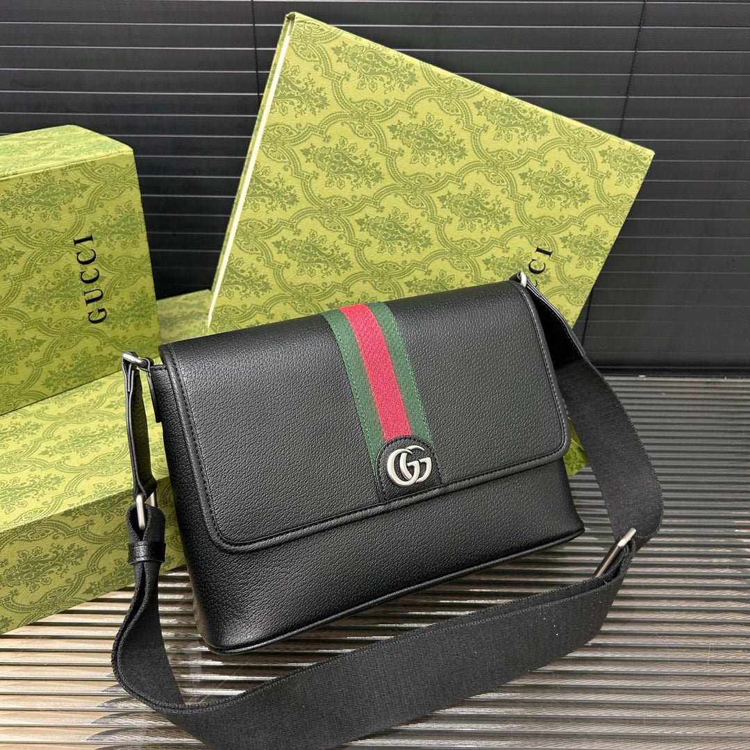 Unique Black Leather Striped Messenger Bag