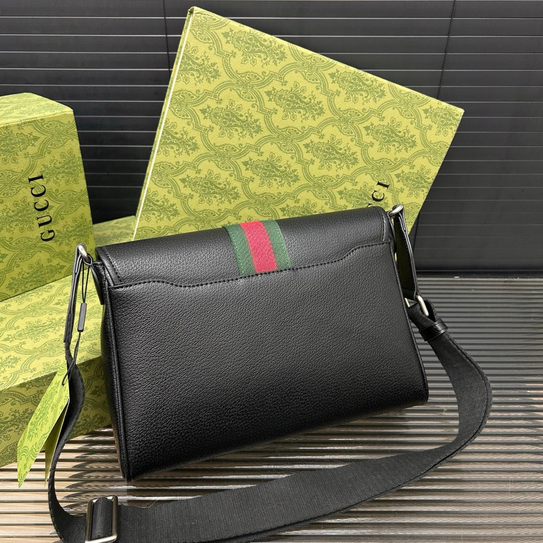 Unique Black Leather Striped Messenger Bag