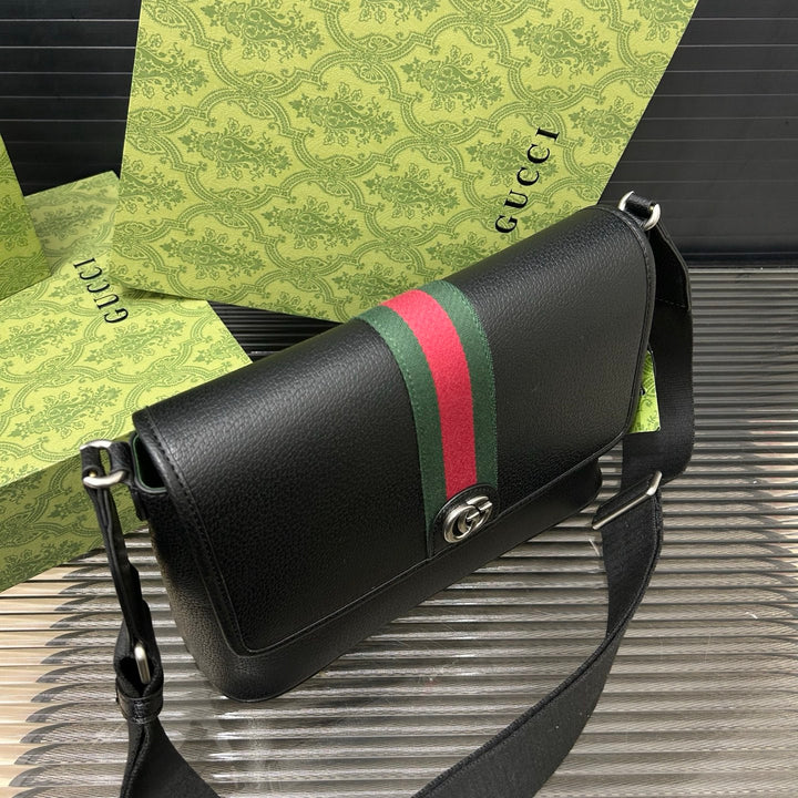 Unique Black Leather Striped Messenger Bag