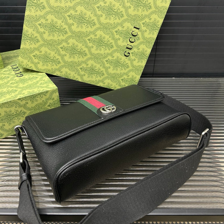 Unique Black Leather Striped Messenger Bag