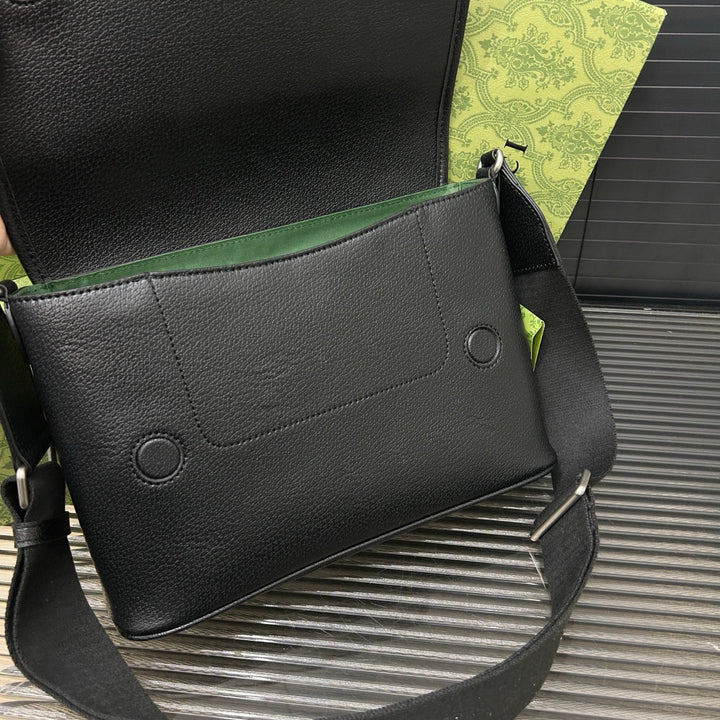 Unique Black Leather Striped Messenger Bag