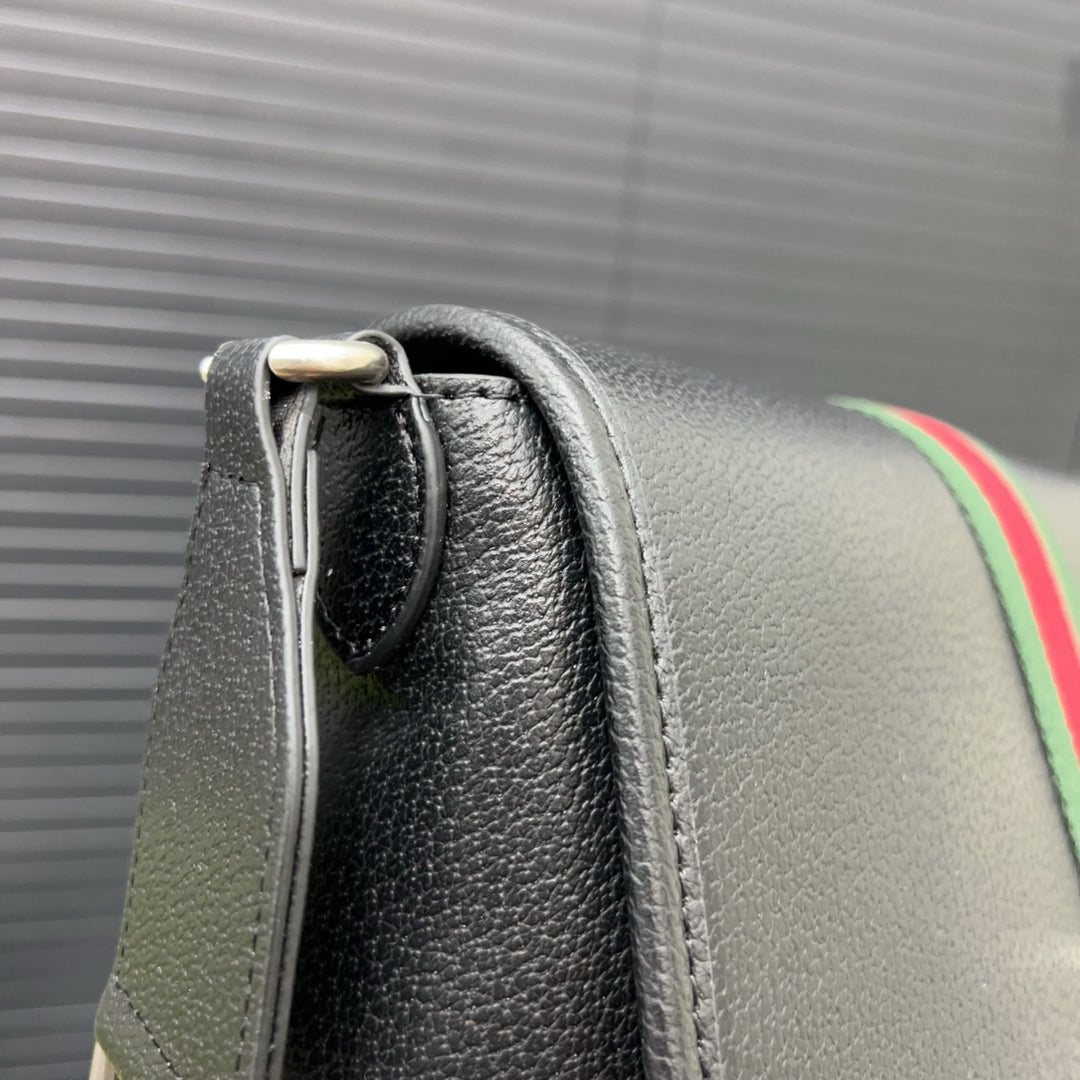 Unique Black Leather Striped Messenger Bag