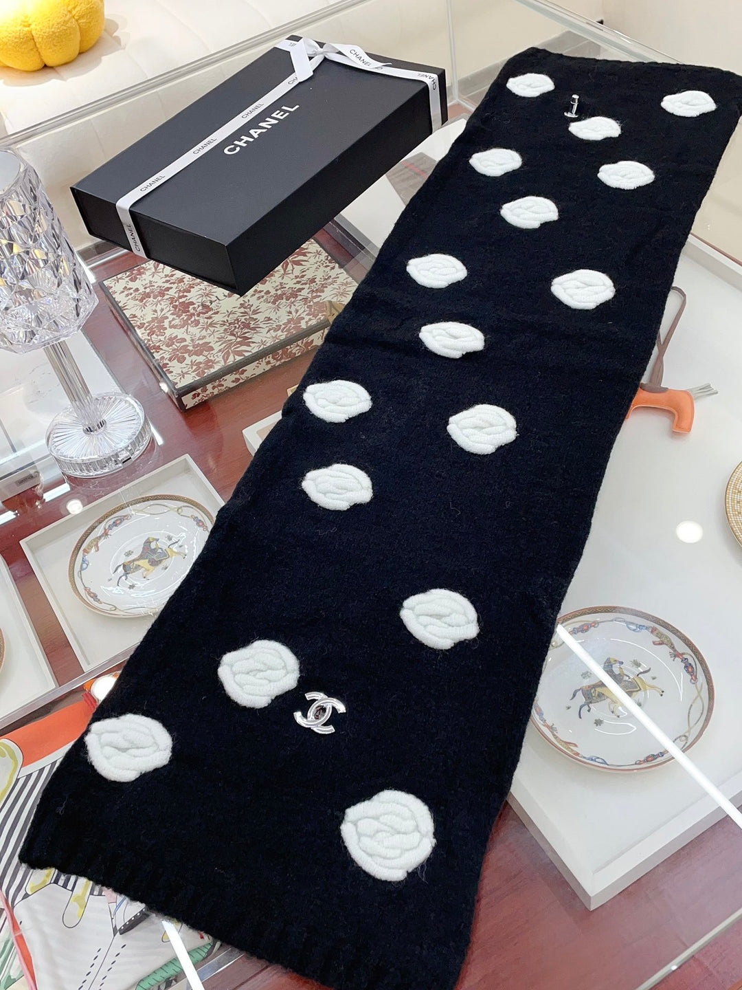 Elegant Black and White Rose Scarf