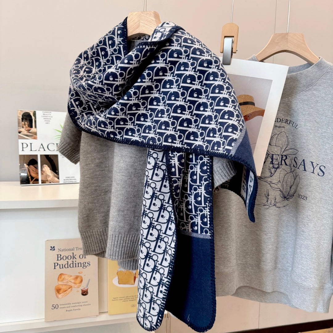 Navy Blue Printed Thermal Winter Scarf