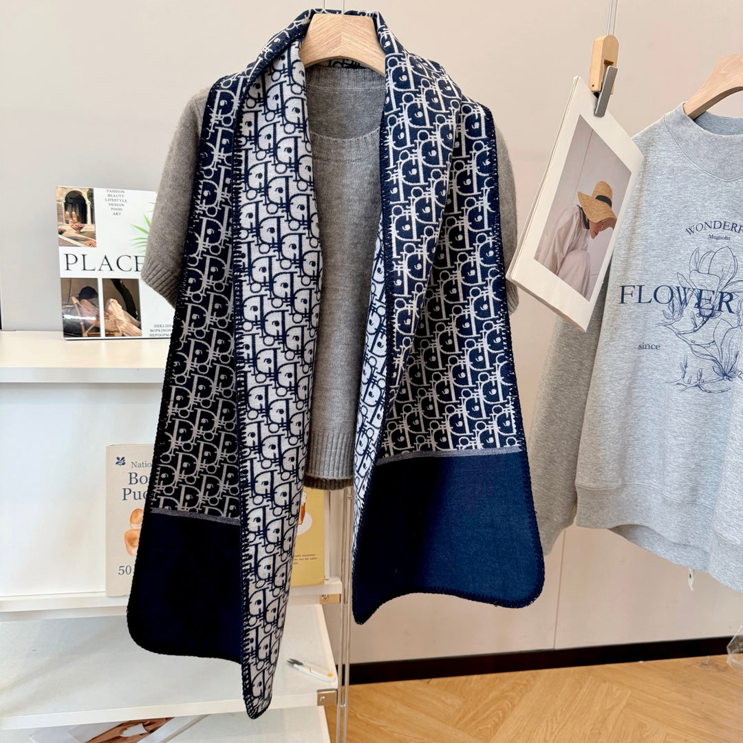 Navy Blue Printed Thermal Winter Scarf