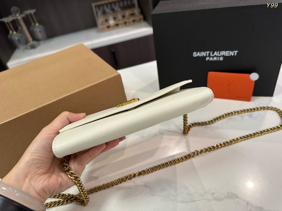 Envelope-style white chain crossbody bag