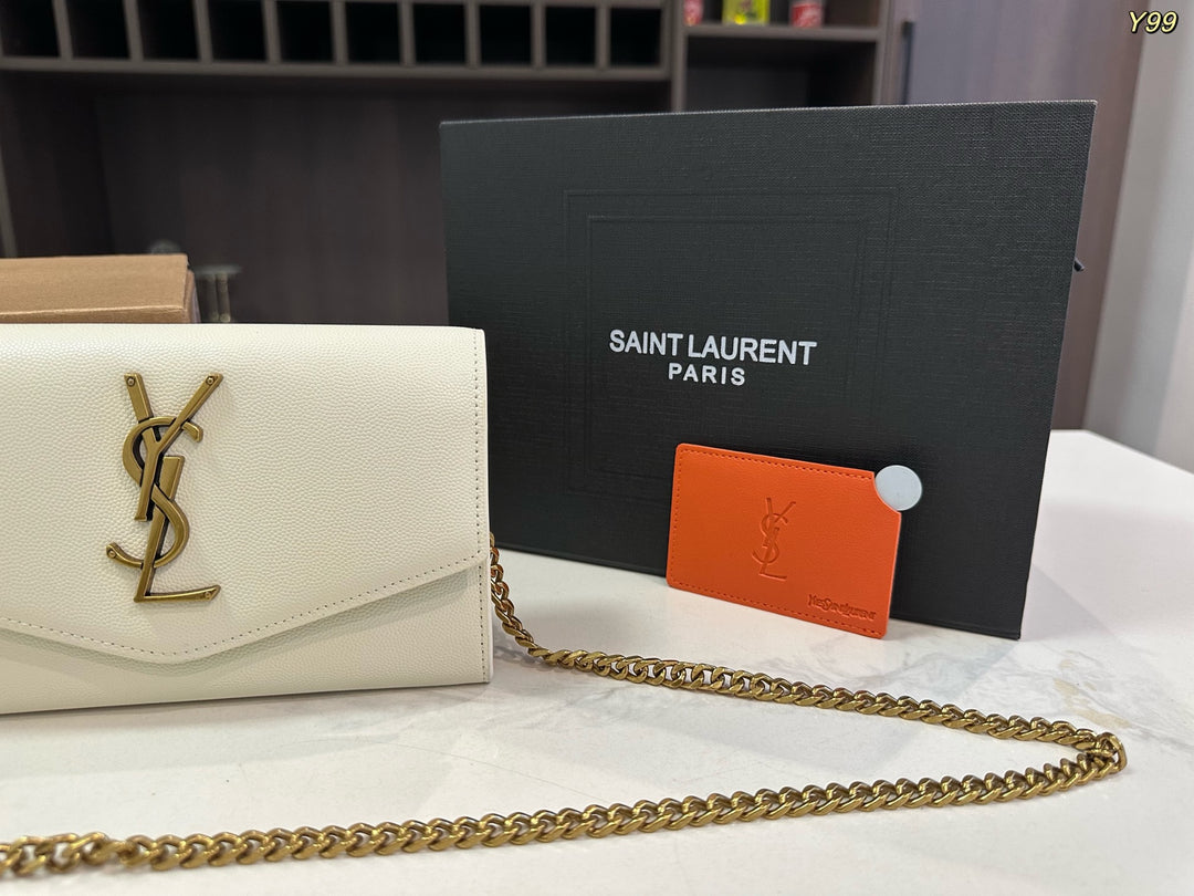 Envelope-style white chain crossbody bag